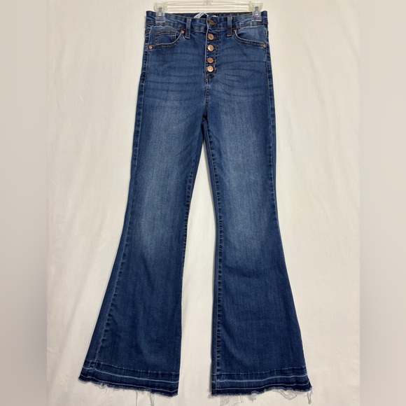 Celebrity Pink Flare Jeans Womens Sz 5/27 Button Fly Hi-Waist Raw Hem Medium Blu - Picture 1 of 9